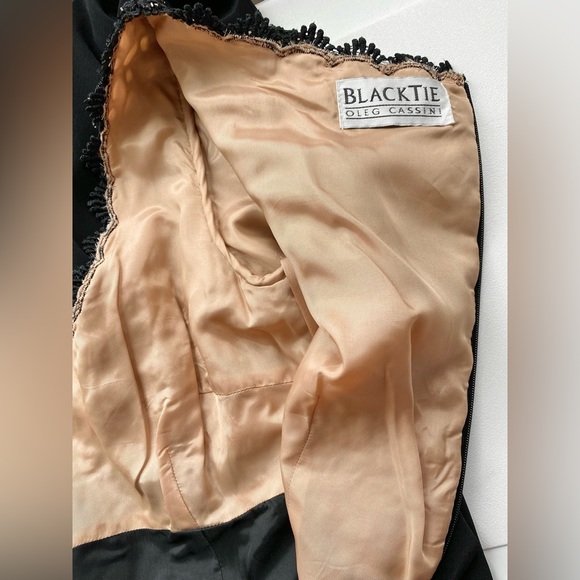 OLEG CASSINI DRESS Black Tie Long Evening Gown Side Slit Crepe Beaded Empire S/M - Picture 8 of 10